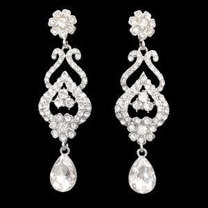 Clear Rhinestones Unique Swirl Teardrop Formal Silver Post Drop Earrings